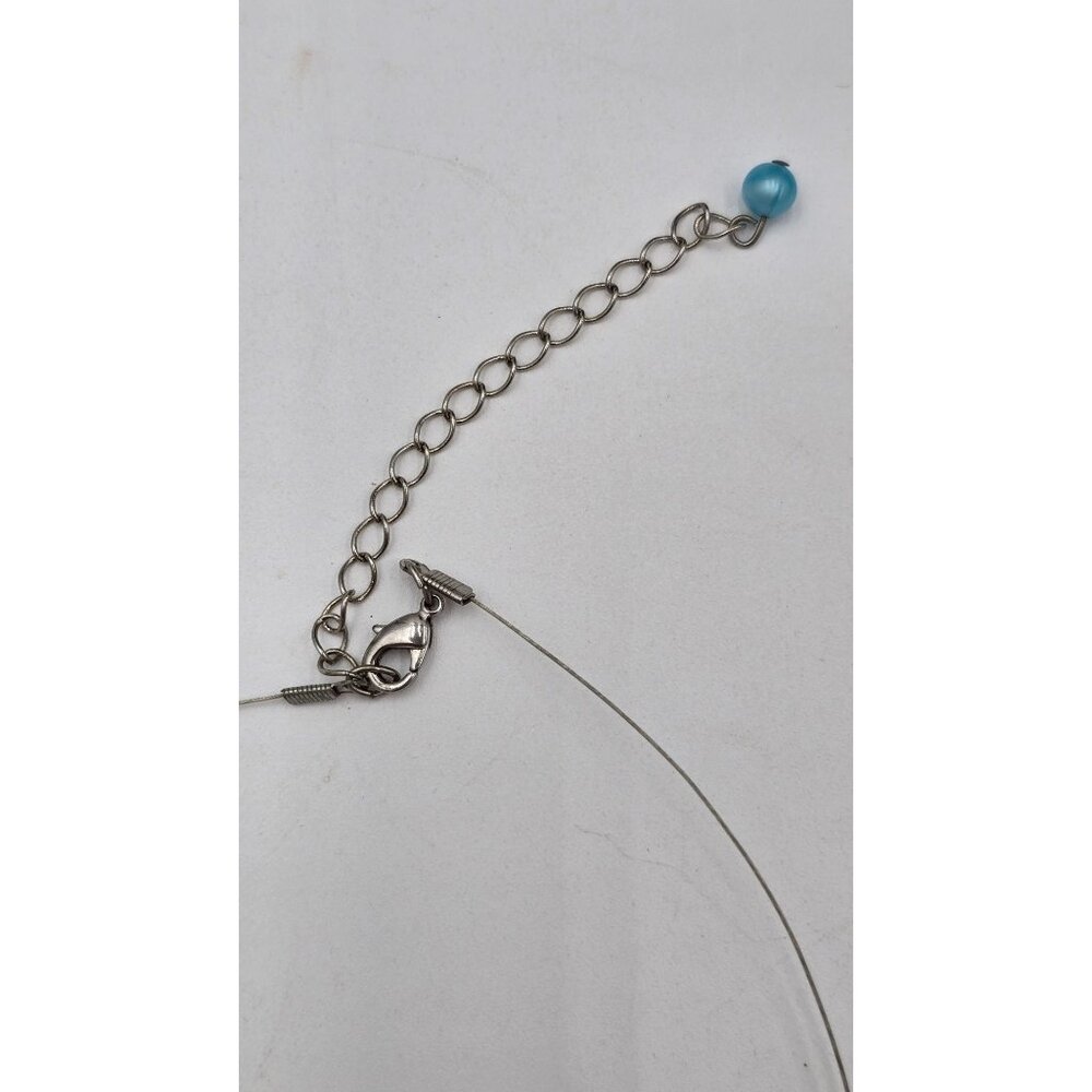 Silvertone Wire Necklace Blue Cats Eye Glass Resin Flower Pendant Jewelry - Picture 4 of 6